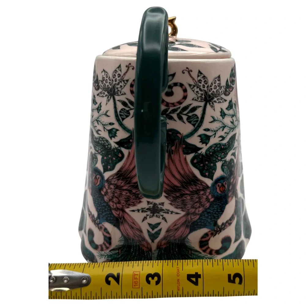Anthropologie Emma J Shipley Maisie Teapot Peacock Feathers Bird Leaves Pink HTF